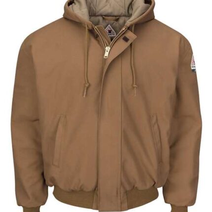 Men's Insulated Brown Duck Hooded Jacket with Knit Trim